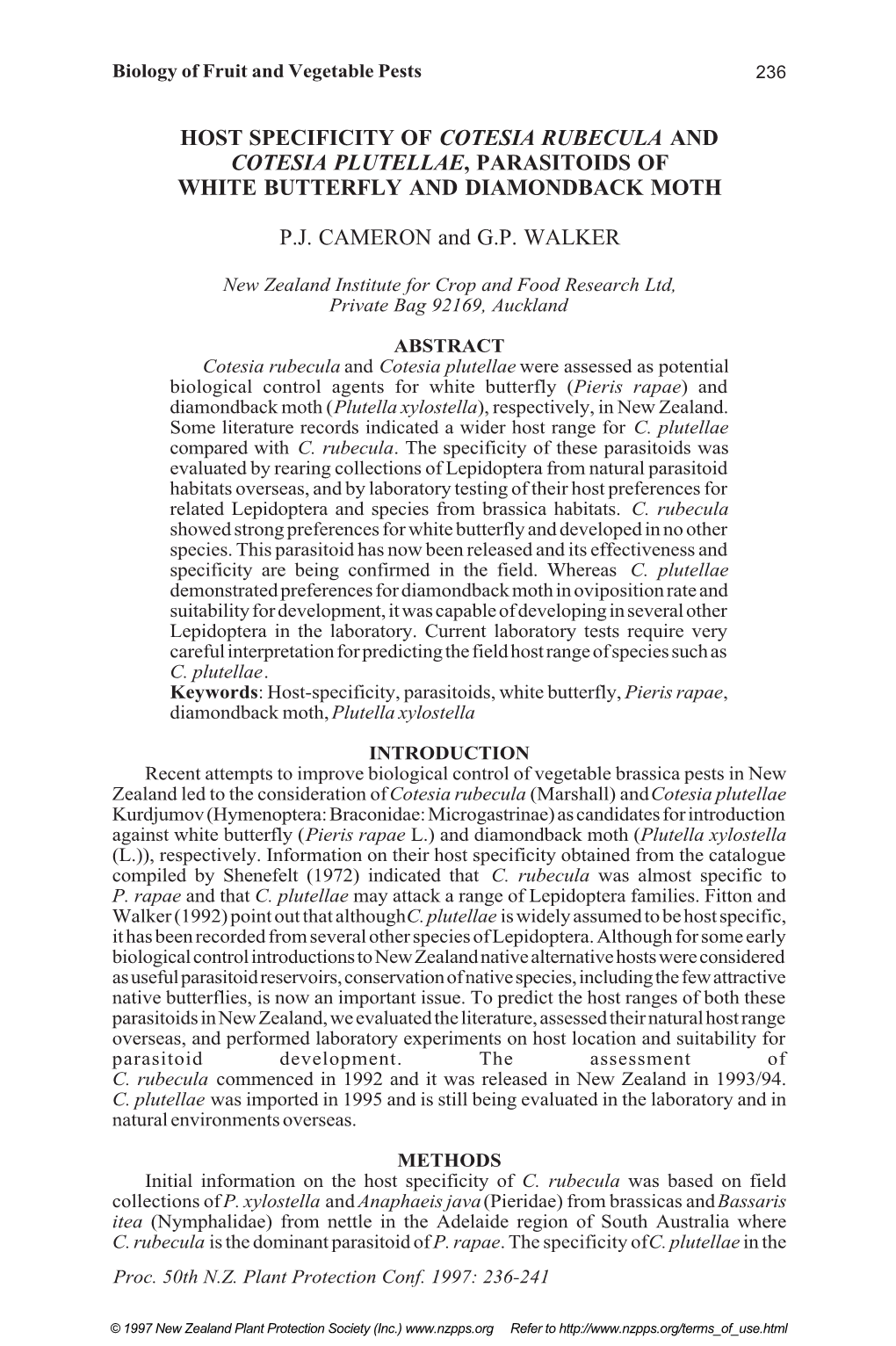 Host Specificity of Cotesia Rubecula and Cotesia Plutellae, Parasitoids of White Butterfly and Diamondback Moth