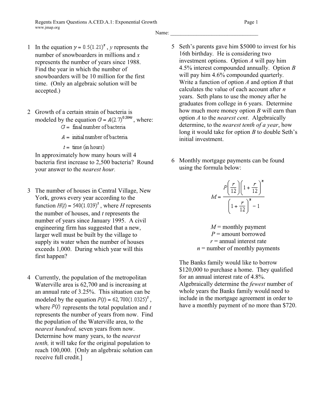 Regents Exam Questions A.CED.A.1: Exponential Growth Page 3