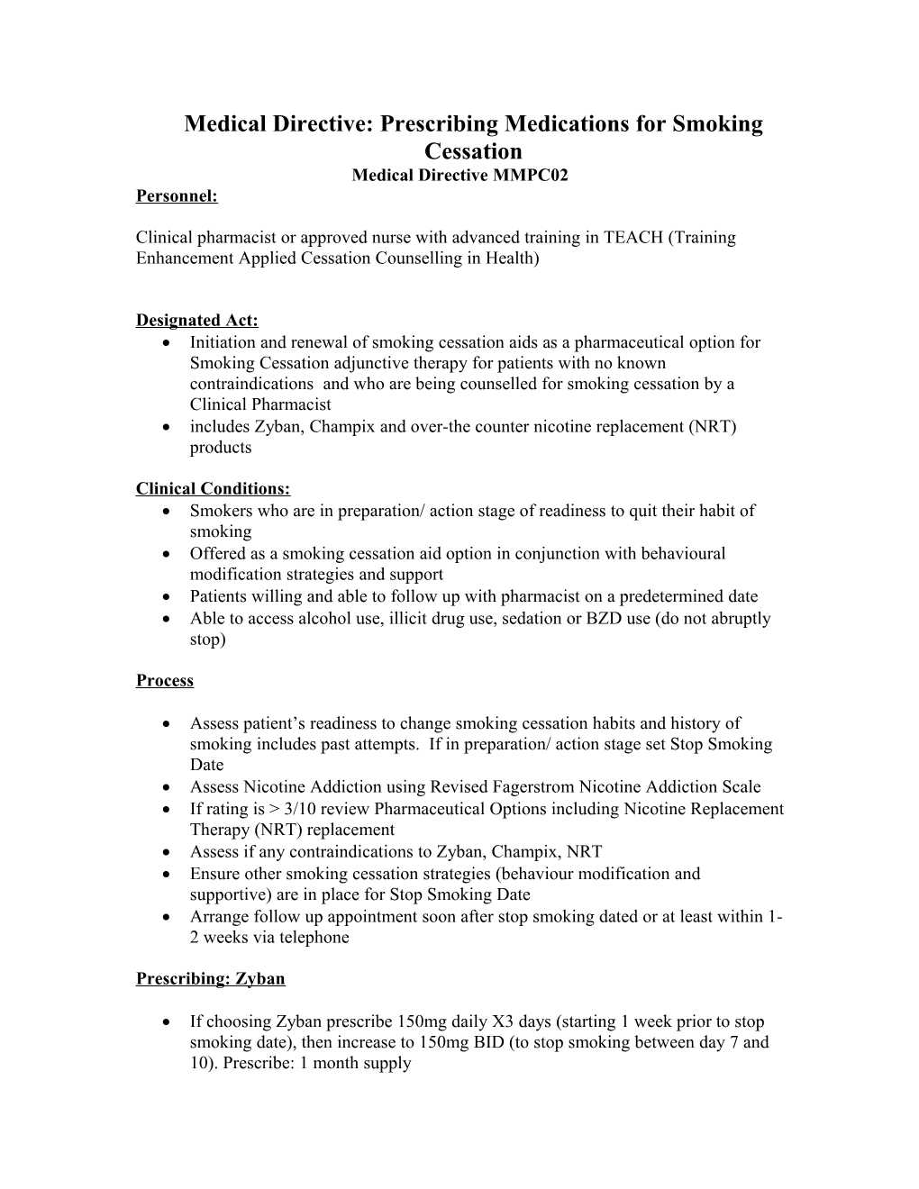 Medical Directive: Prescribing Medications for Smoking Cessation