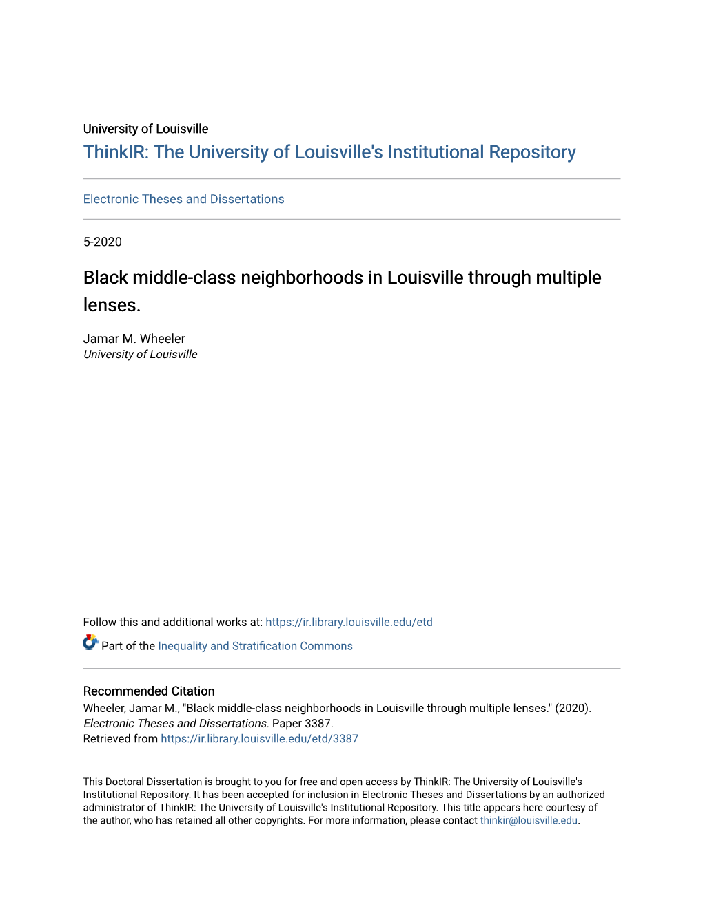 Black Middle-Class Neighborhoods in Louisville Through Multiple Lenses