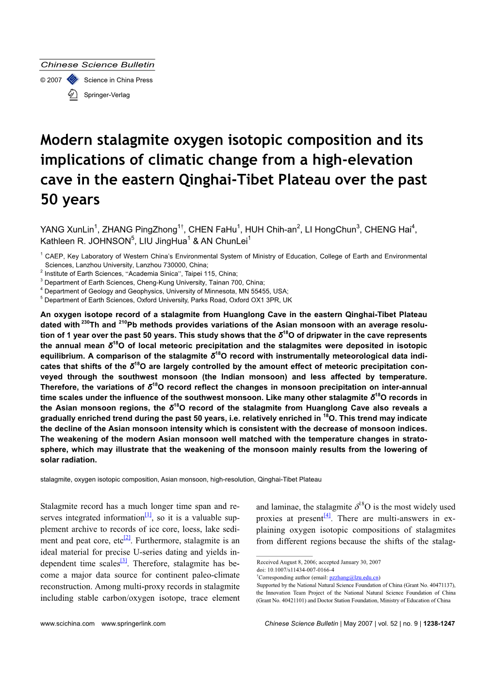 Modern Stalagmite Oxygen Isotopic Composition and Its Implications of Climatic Change from a High-Elevation Cave in the Eastern