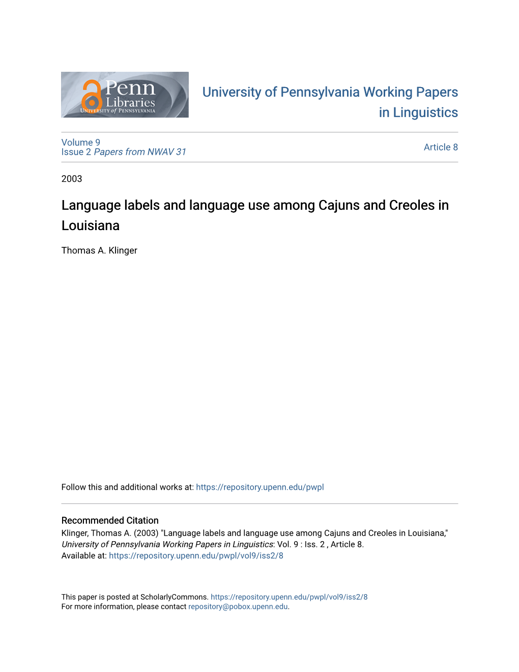 Language Labels and Language Use Among Cajuns and Creoles in Louisiana