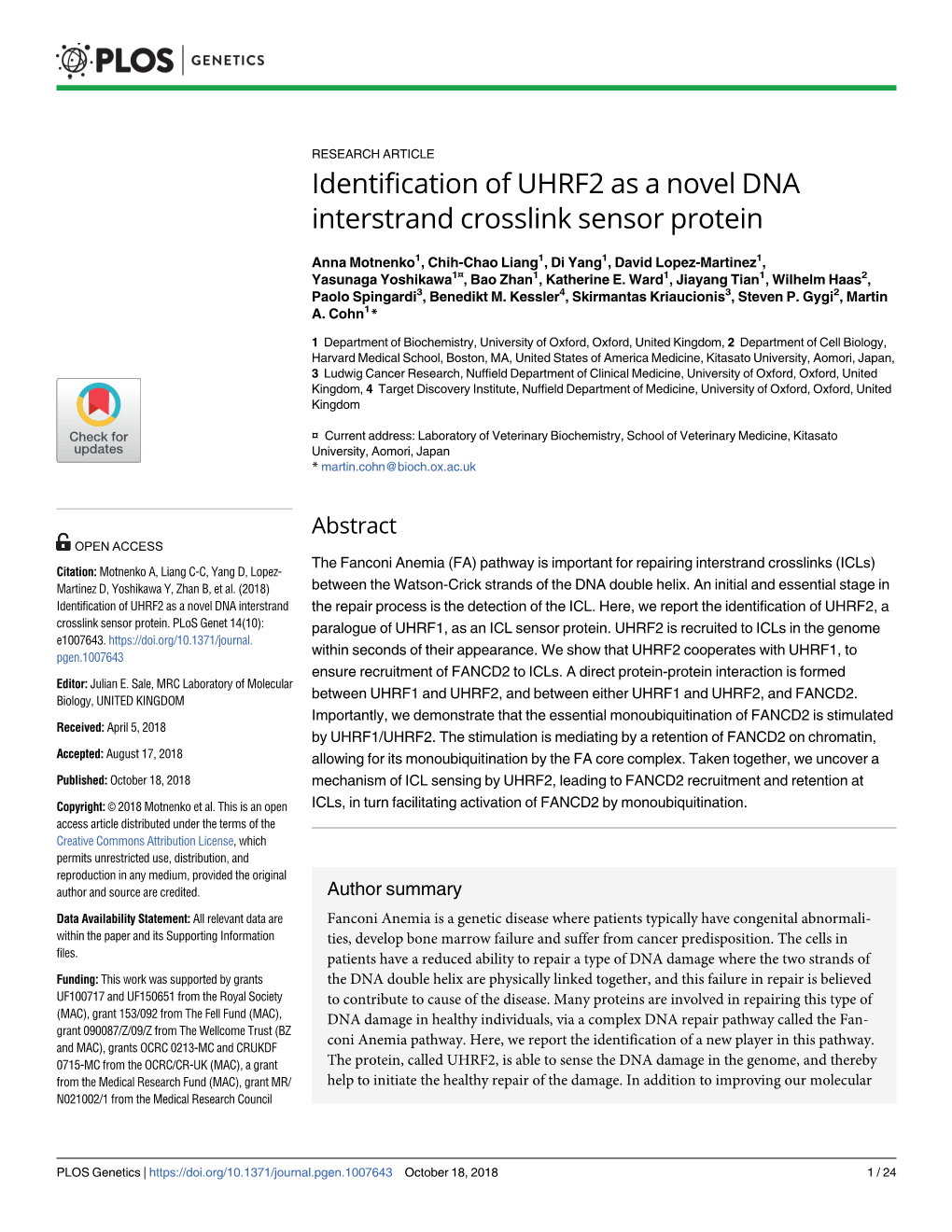 Identification of UHRF2 As a Novel DNA Interstrand Crosslink Sensor Protein