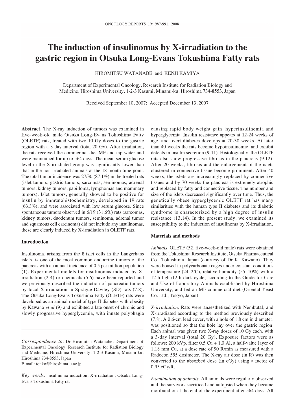 The Induction of Insulinomas by X-Irradiation to the Gastric Region in Otsuka Long-Evans Tokushima Fatty Rats