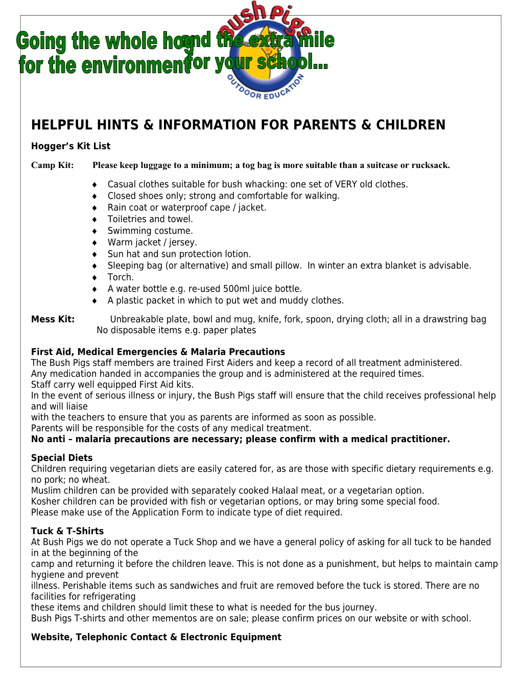 Helpful Hints & Information for Parents & Children