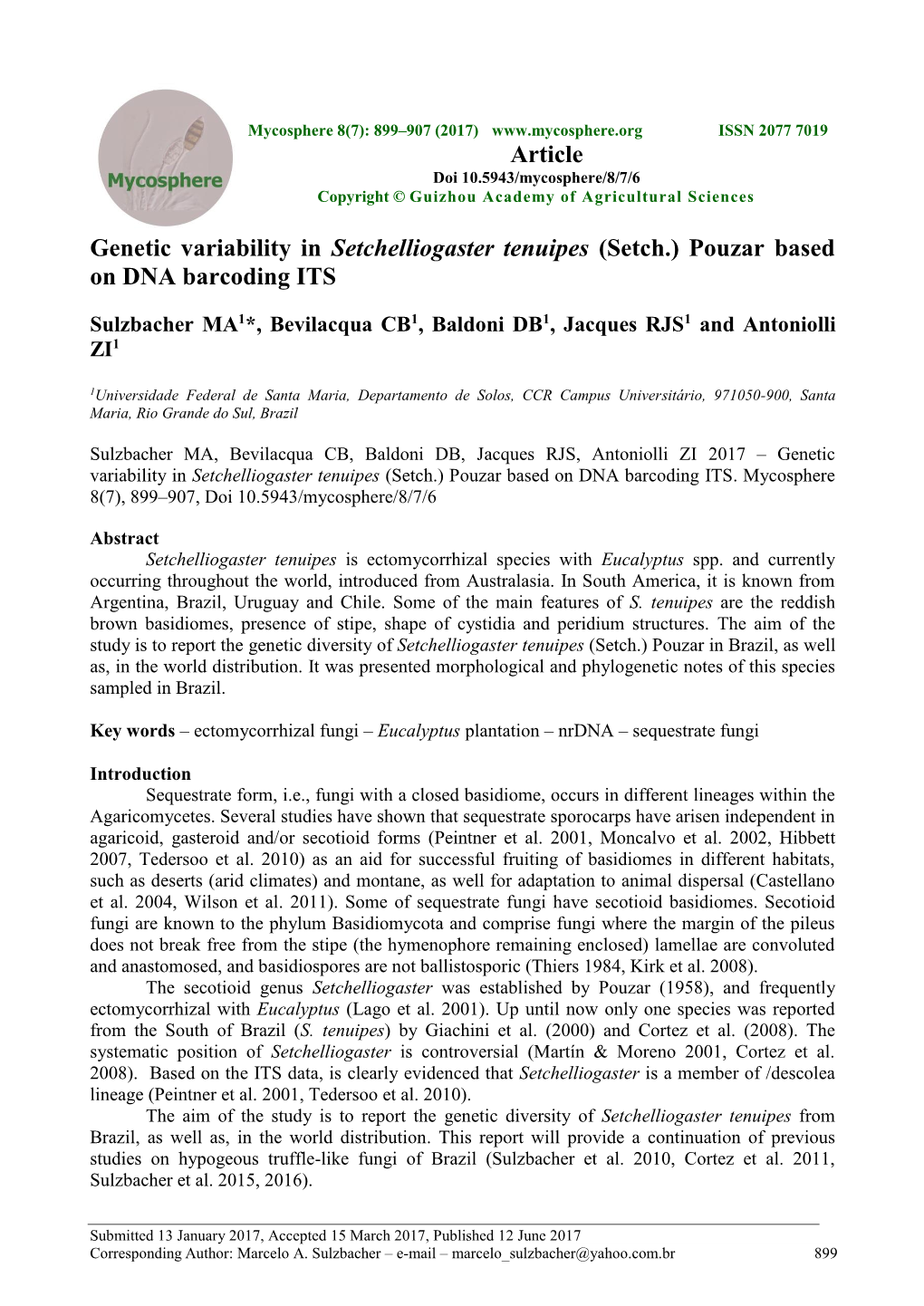 Genetic Variability in Setchelliogaster Tenuipes (Setch.) Pouzar Based on DNA Barcoding ITS