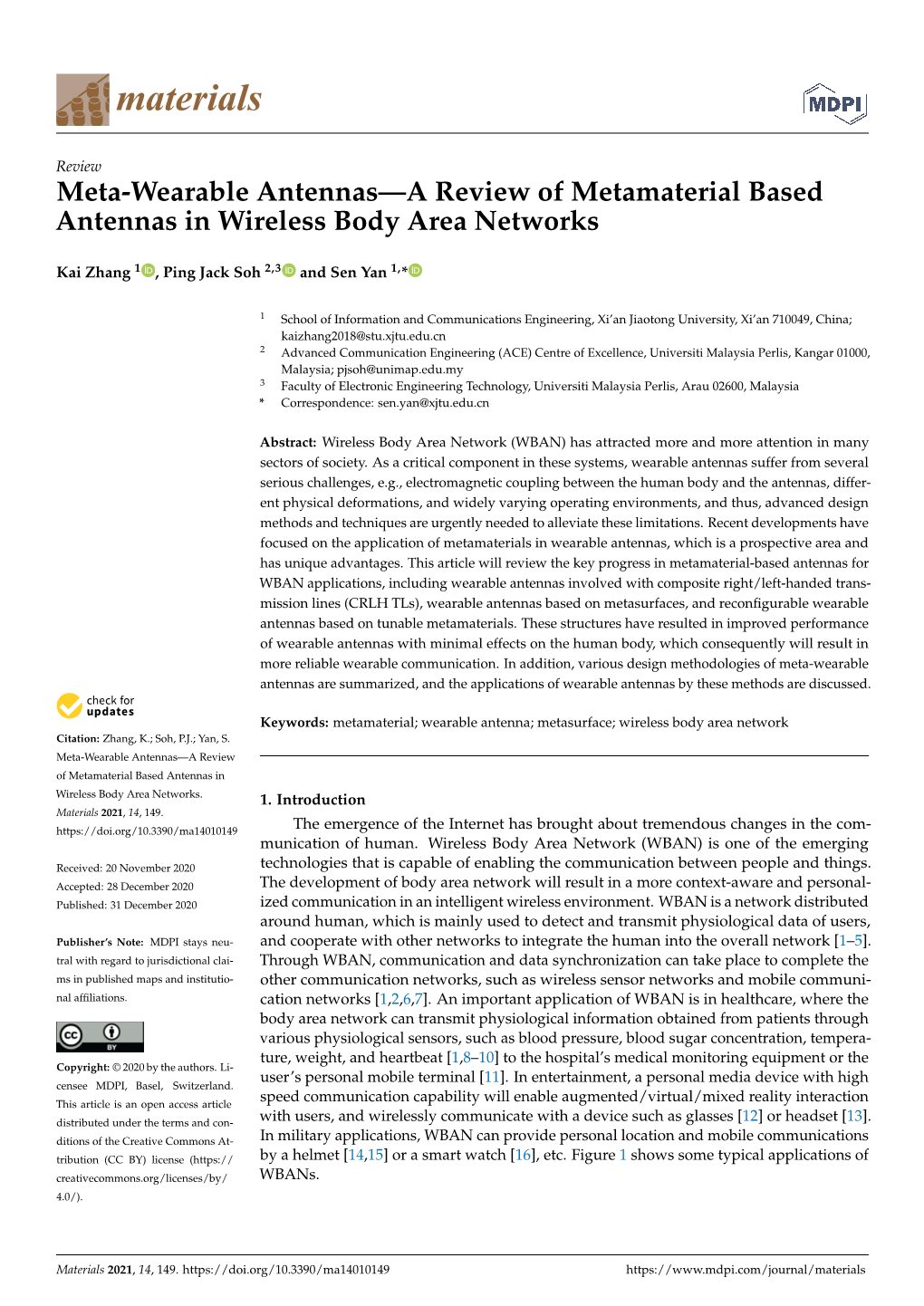 Meta-Wearable Antennas—A Review of Metamaterial Based Antennas in Wireless Body Area Networks