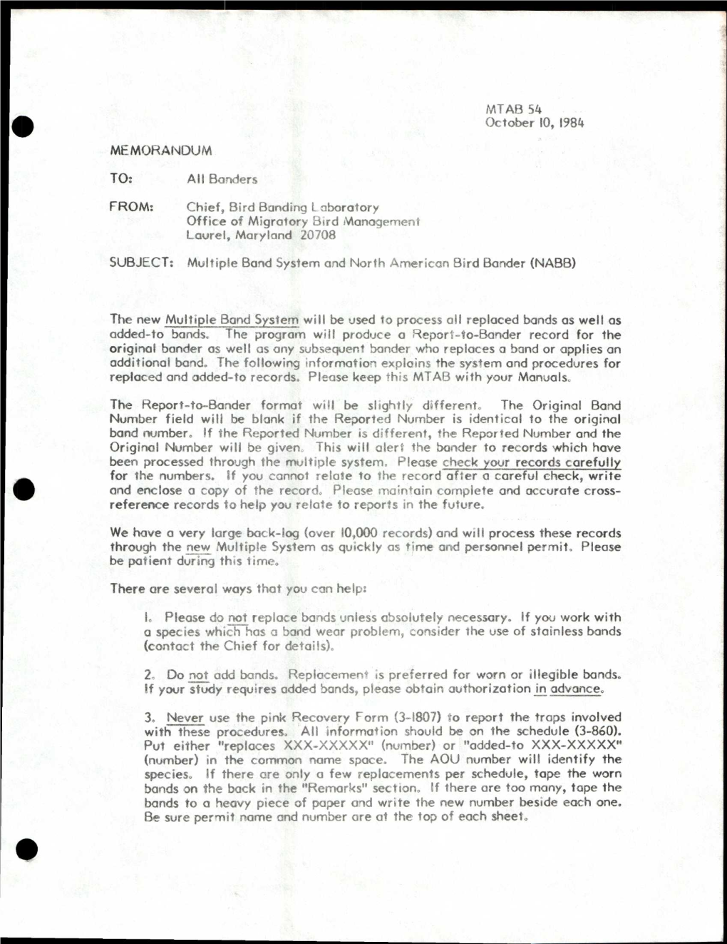 MTAB 54 October 10, 1984 MEMORANDUM TO: All Banders