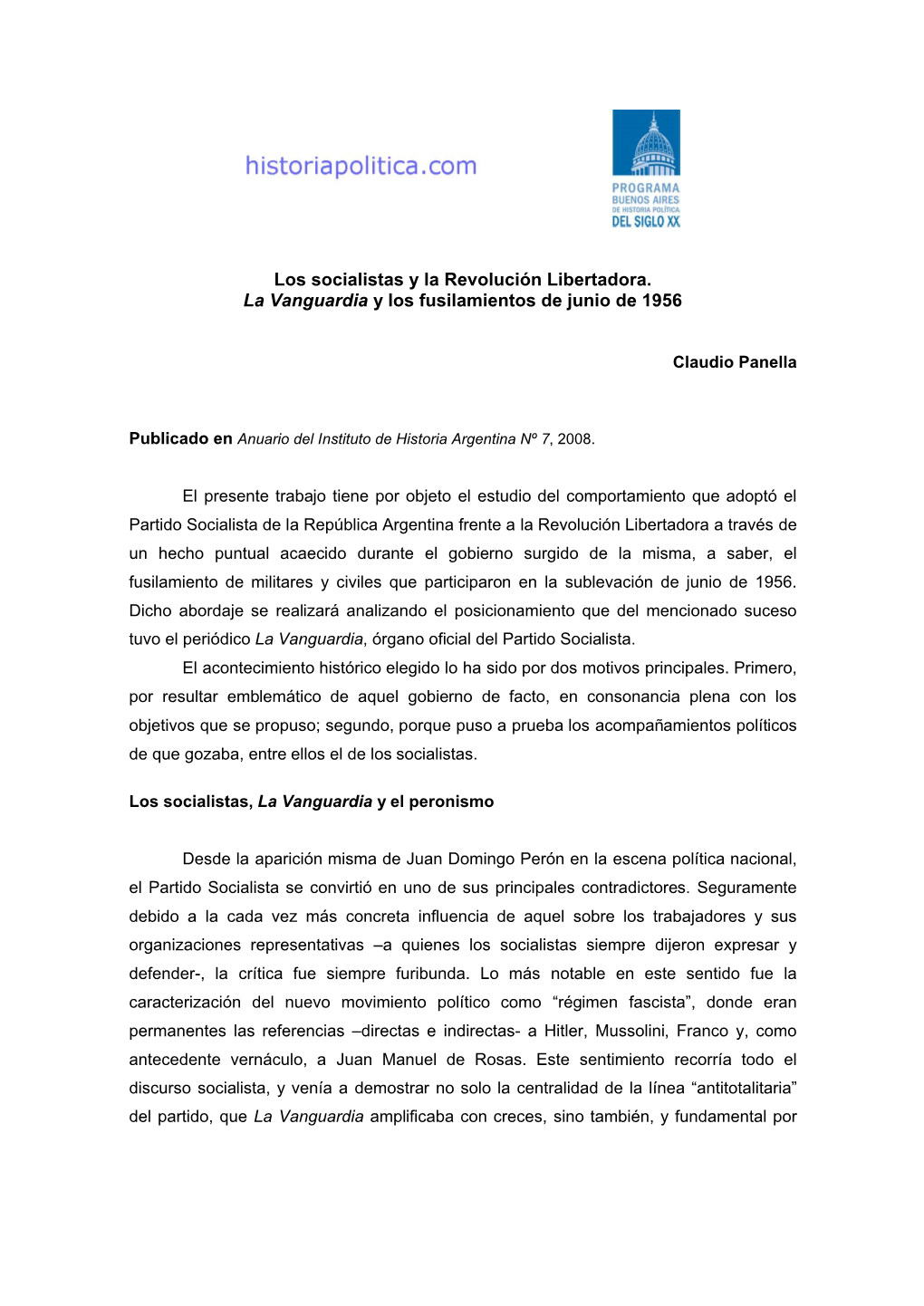 Los Socialistas Y La Revolución Libertadora. “La Vanguardia”