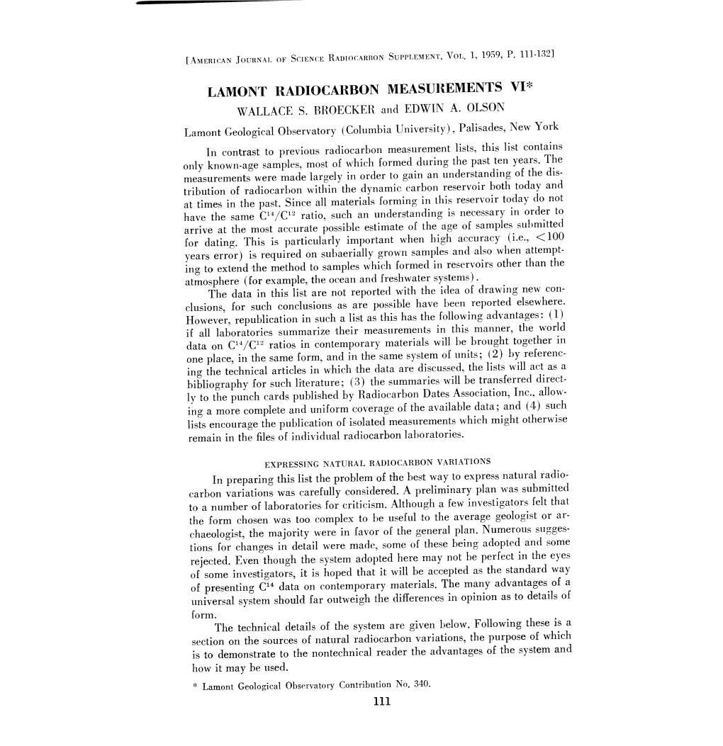 Lamont Radiocarbon Measurements Vi* Wallace S