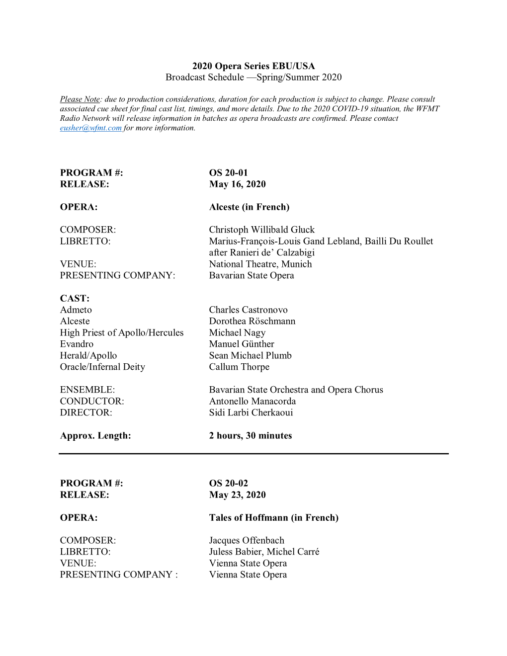 2020 Opera Series EBU/USA Broadcast Schedule —Spring/Summer 2020