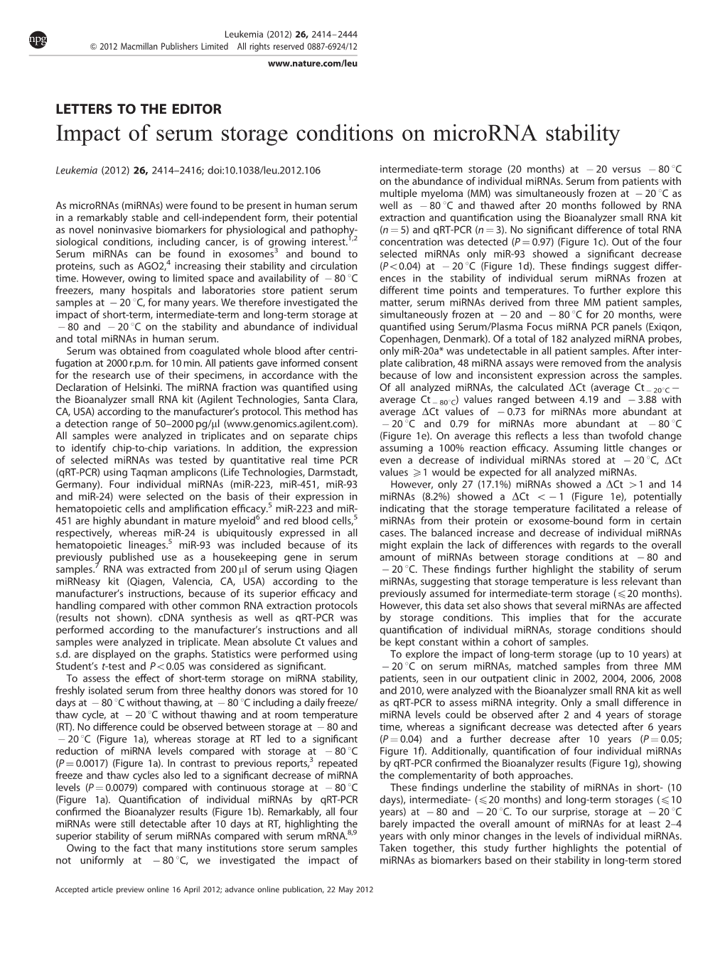 Impact of Serum Storage Conditions on Microrna Stability