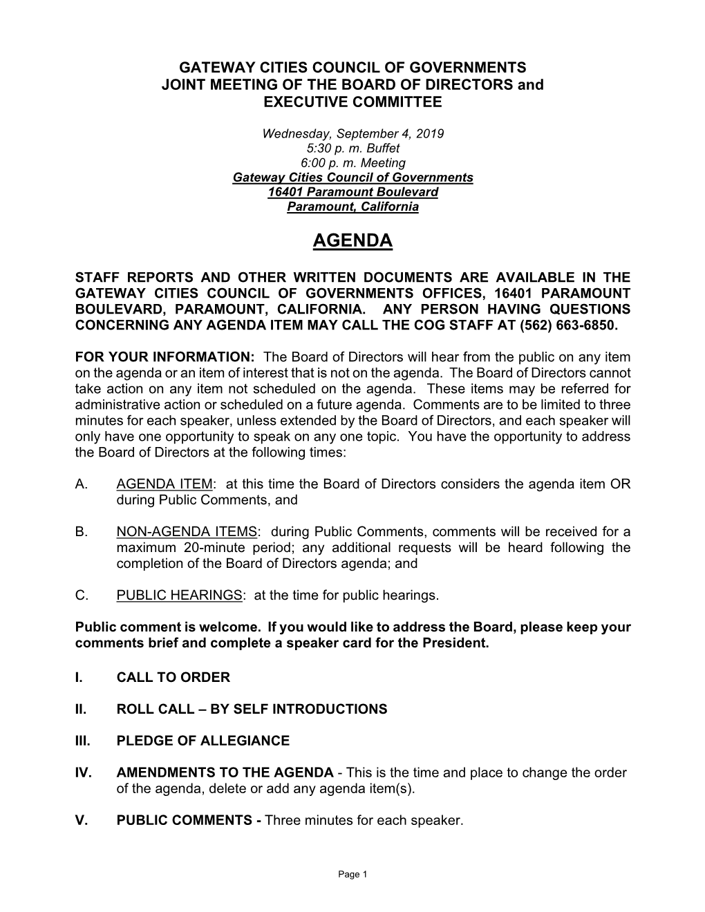 Agenda September 4, 2019 Board of Directors