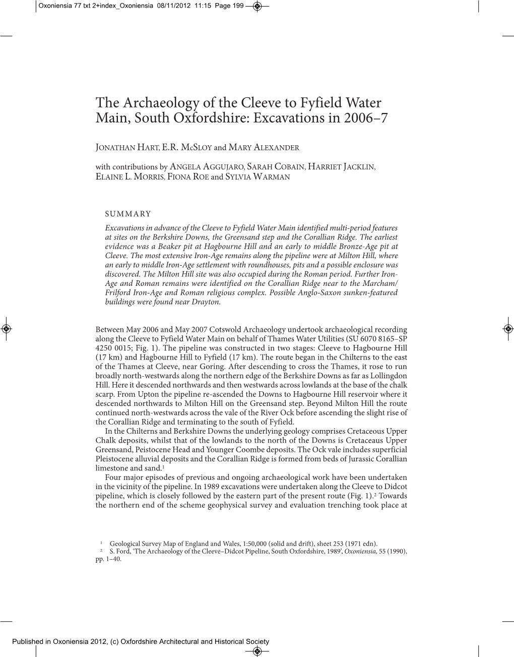 The Archaeology of the Cleeve to Fyfield Water Main, South Oxfordshire: Excavations in 2006–7