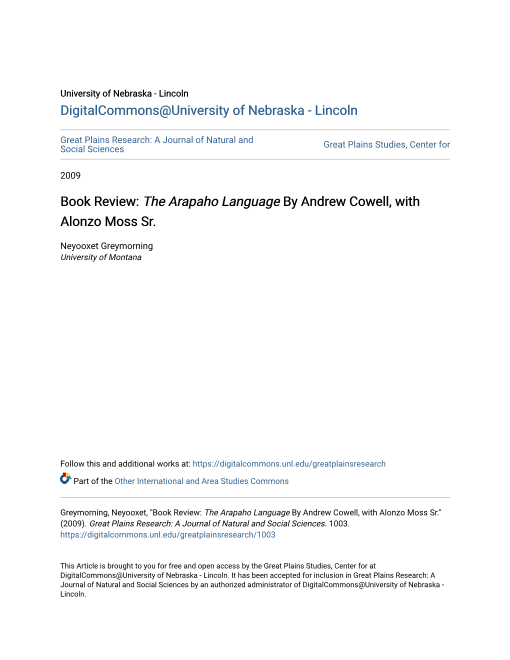 The Arapaho Language by Andrew Cowell, with Alonzo Moss Sr