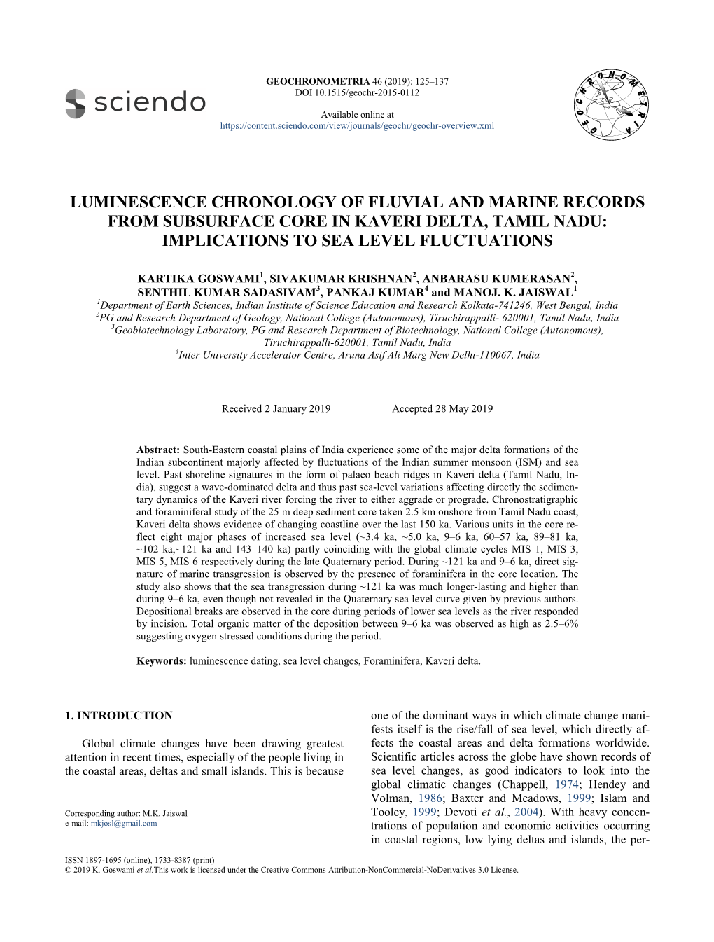 Luminescence Chronology of Fluvial and Marine Records from Subsurface Core in Kaveri Delta, Tamil Nadu: Implications to Sea Level Fluctuations