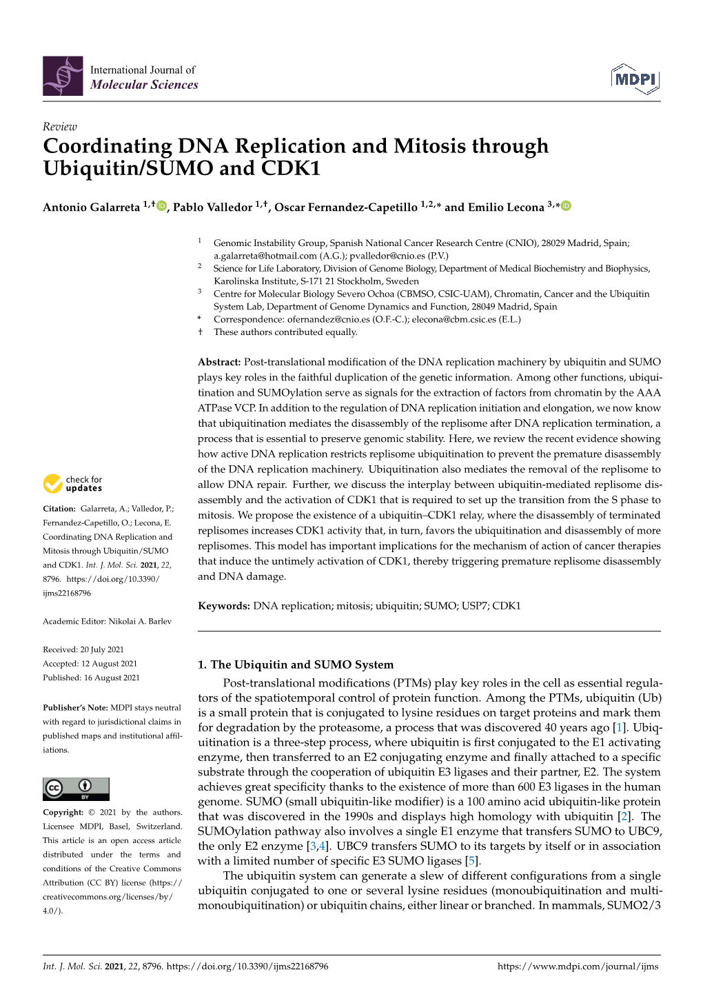 Coordinating DNA Replication and Mitosis Through Ubiquitin/SUMO and CDK1