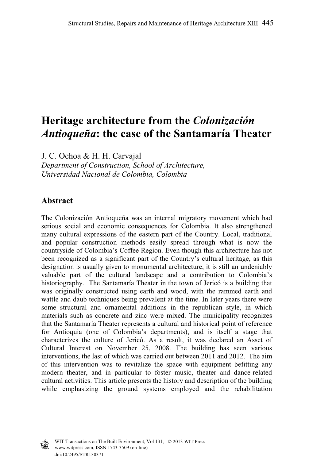 Heritage Architecture from the Colonización Antioqueña: the Case of the Santamaría Theater