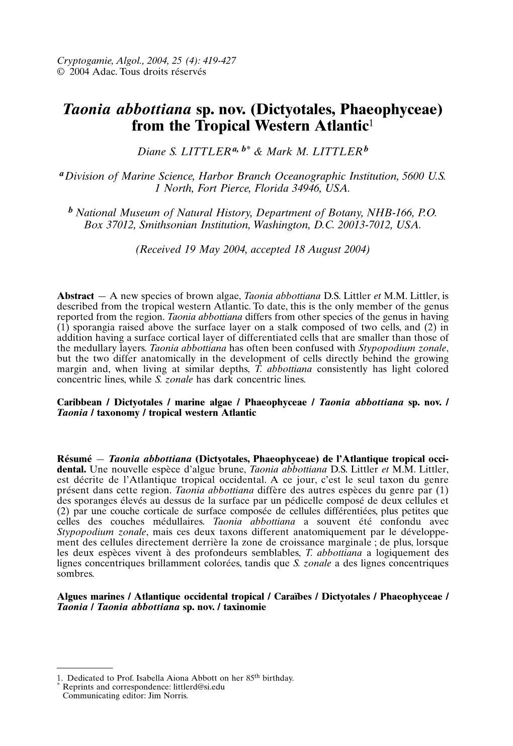 Taonia Abbottiana Sp. Nov. (Dictyotales, Phaeophyceae) from the Tropical Western Atlantic1