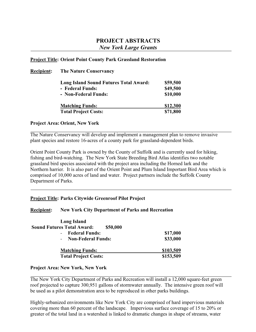 PROJECT ABSTRACTS New York Large Grants