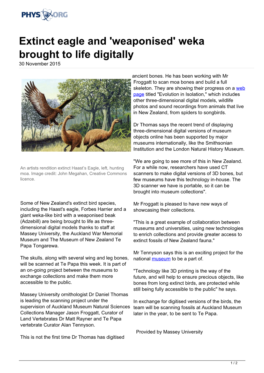 Extinct Eagle and 'Weaponised' Weka Brought to Life Digitally 30 November 2015