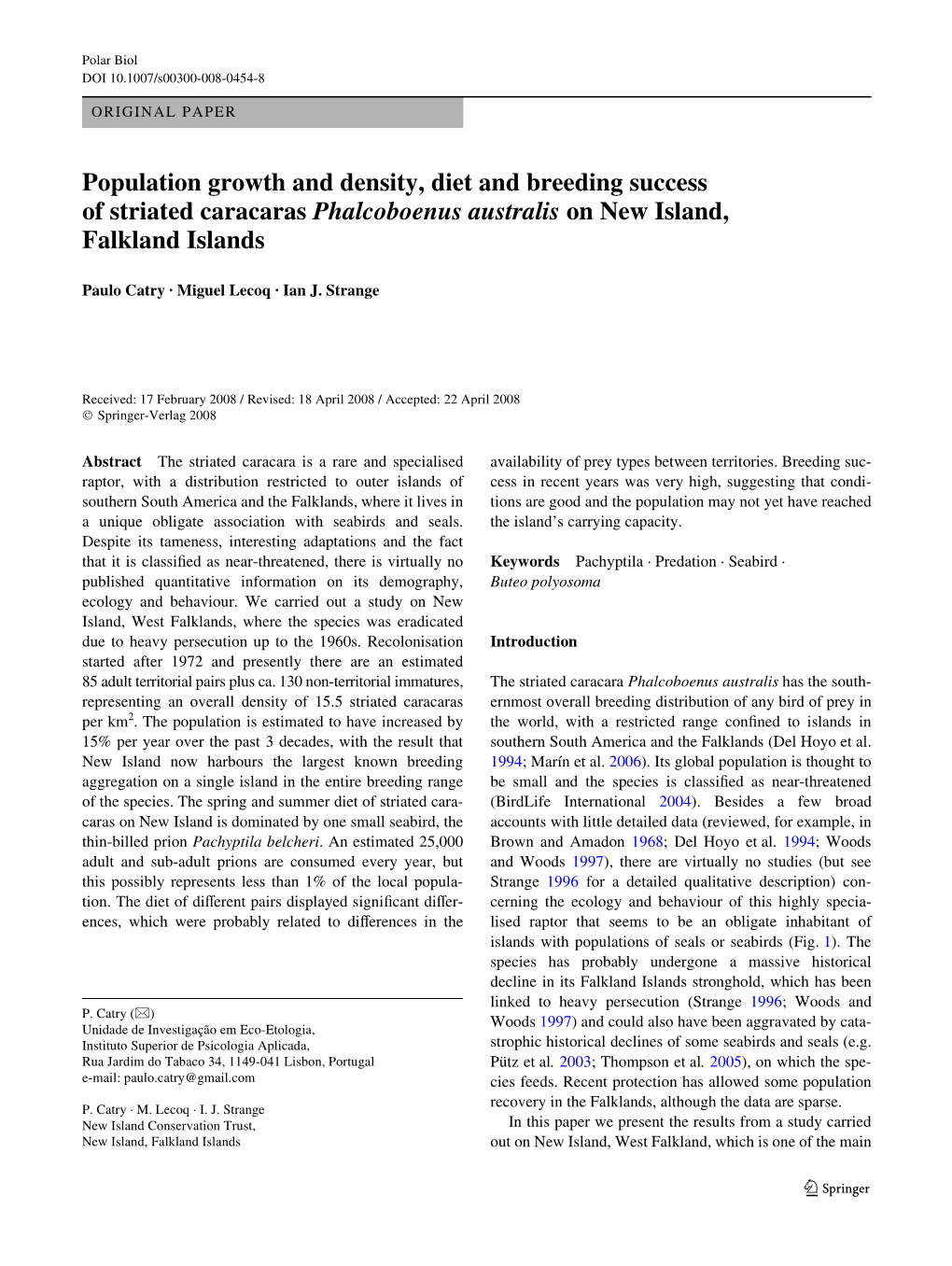 Population Growth and Density, Diet and Breeding Success of Striated Caracaras Phalcoboenus Australis on New Island, Falkland Islands