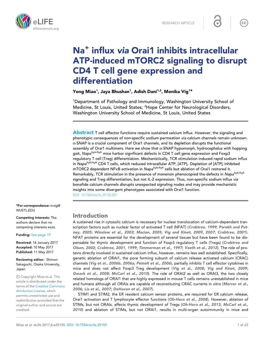 Na Influx Via Orai1 Inhibits Intracellular ATP-Induced Mtorc2 Signaling