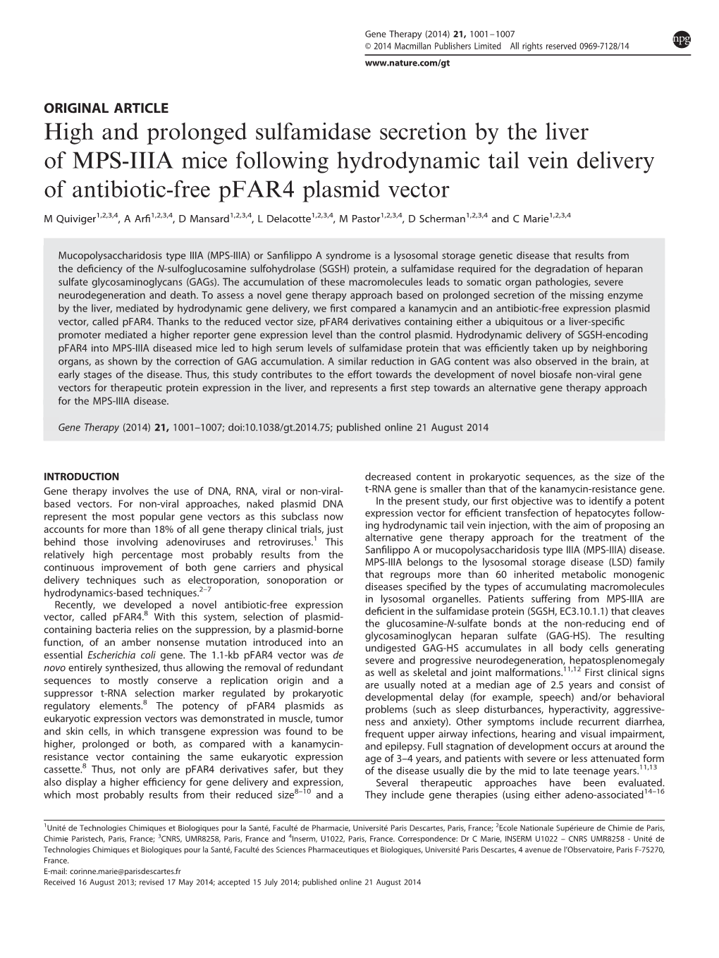 High and Prolonged Sulfamidase Secretion by the Liver of MPS-IIIA Mice Following Hydrodynamic Tail Vein Delivery of Antibiotic-Free Pfar4 Plasmid Vector