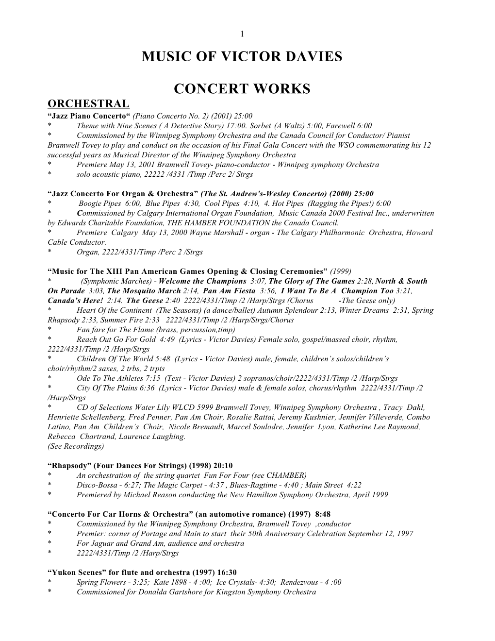 Music of Victor Davies Concert Works
