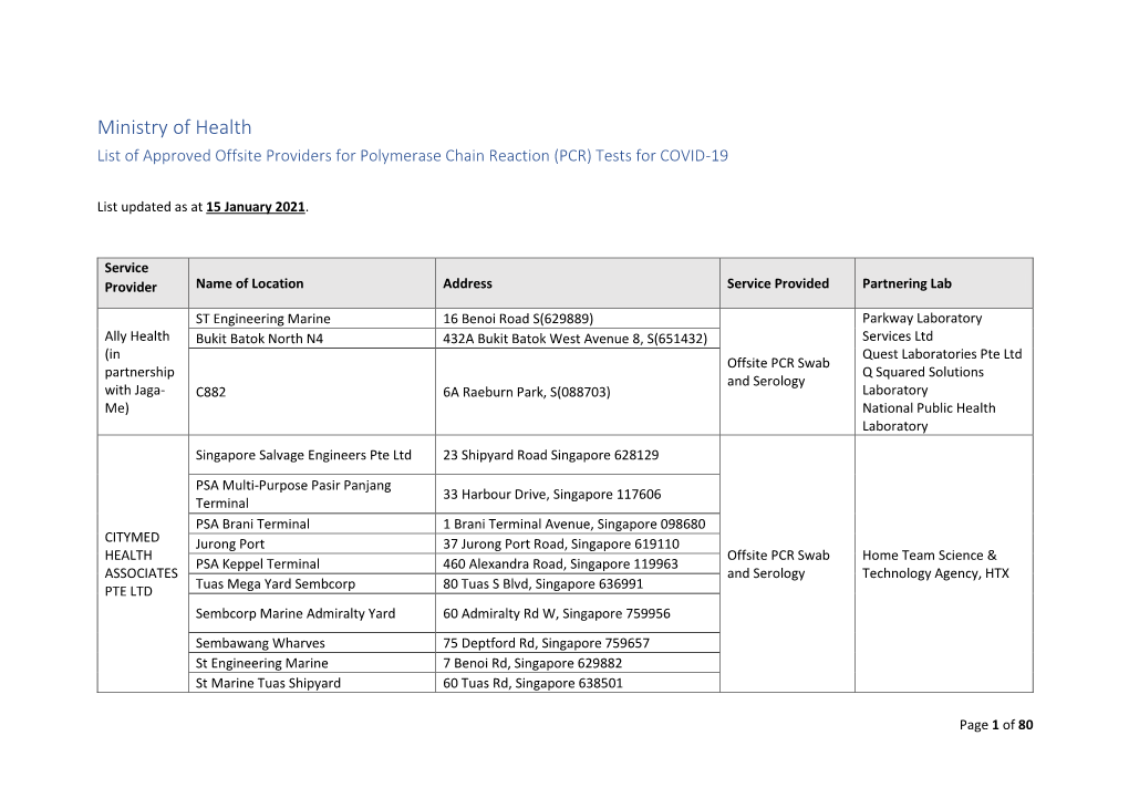 Ministry of Health List of Approved Offsite Providers for Polymerase Chain Reaction (PCR) Tests for COVID-19