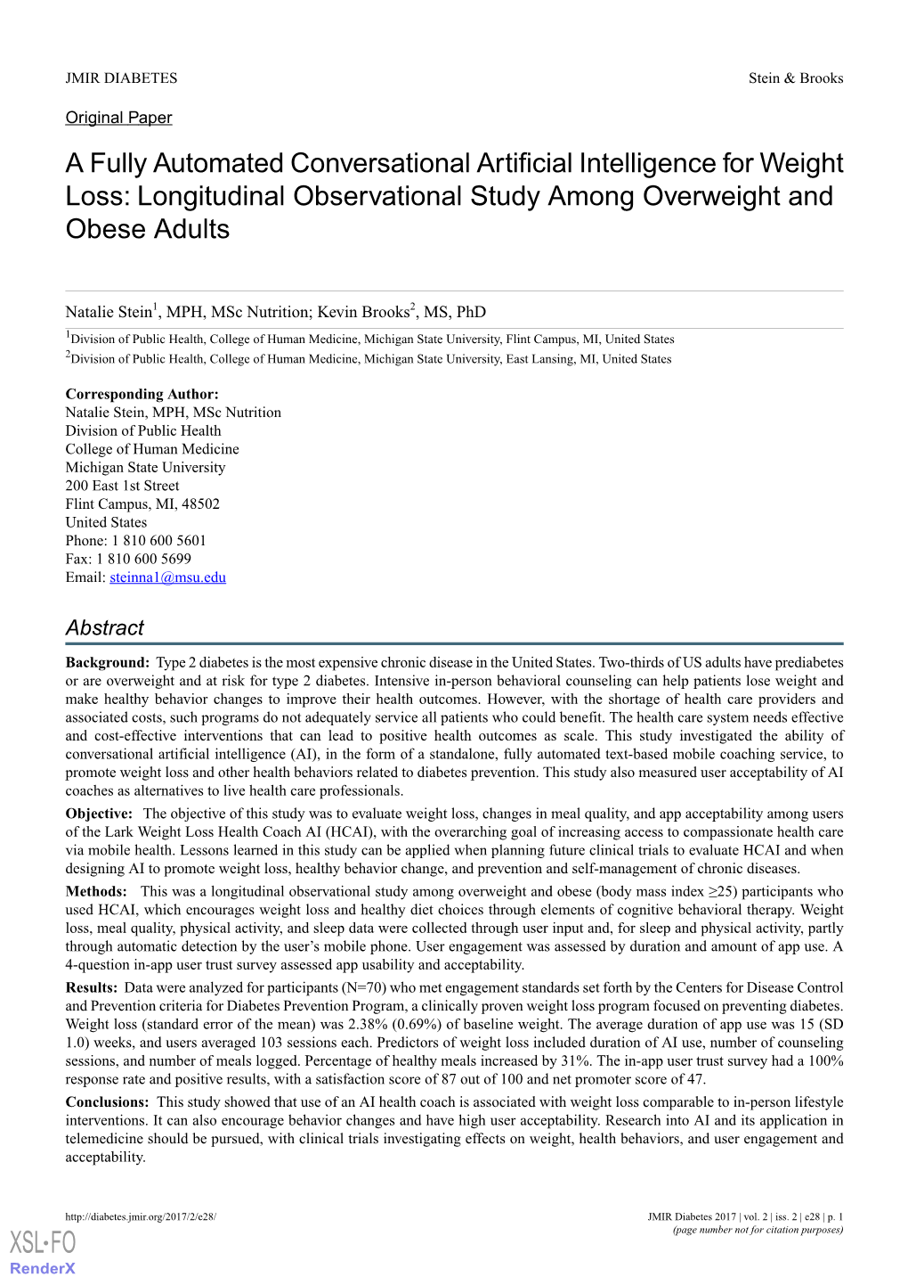A Fully Automated Conversational Artificial Intelligence for Weight Loss: Longitudinal Observational Study Among Overweight and Obese Adults