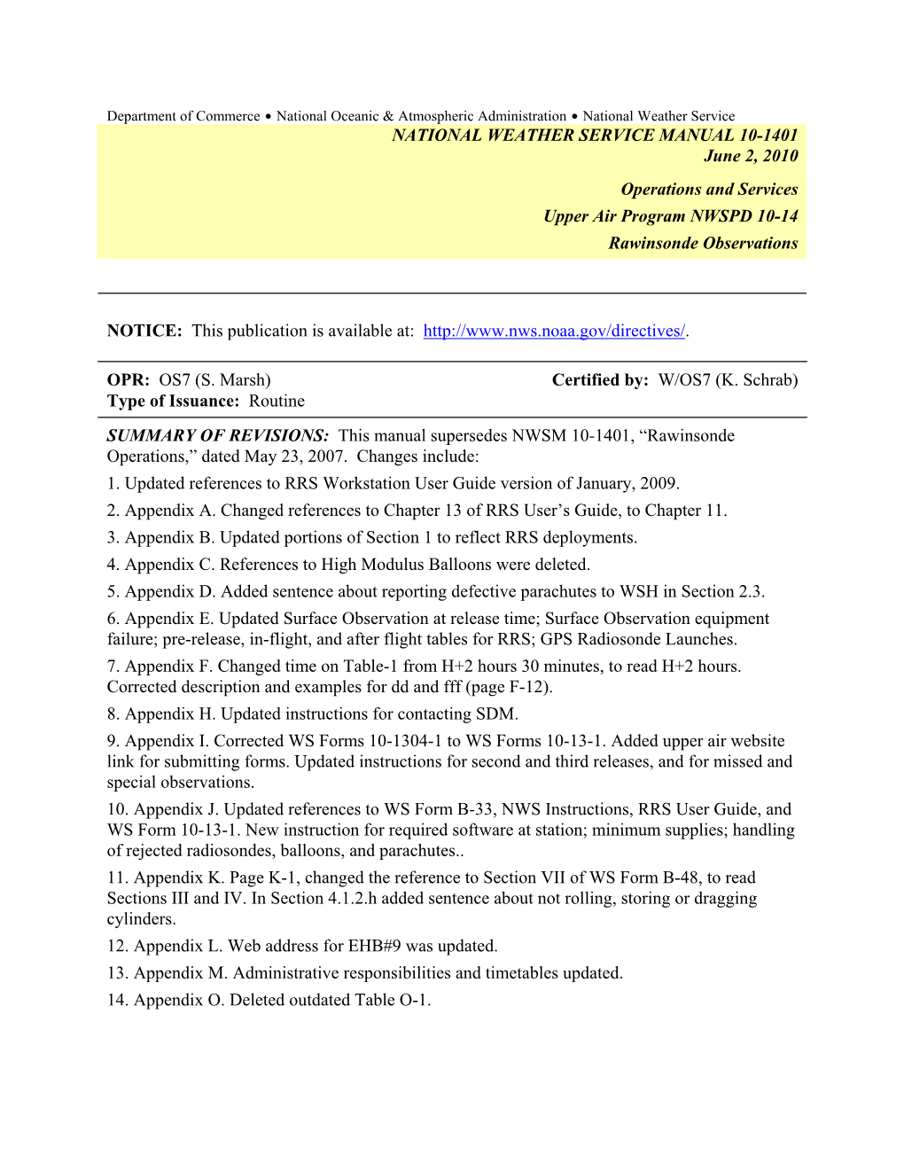 NWSM 10-1401, Rawinsonde Observations