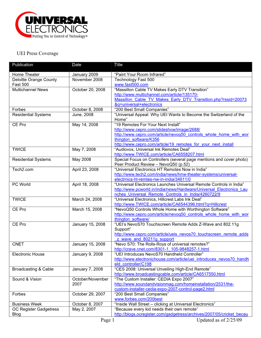 UEI Press Coverage Page 1 Updated As of 2/25/09