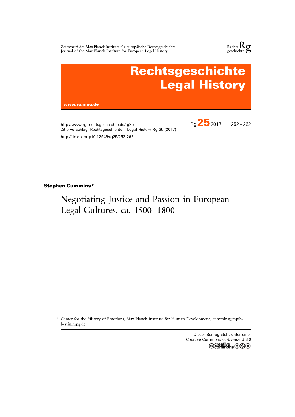 Negotiating Justice and Passion in European Legal Cultures, Ca. 1500–1800