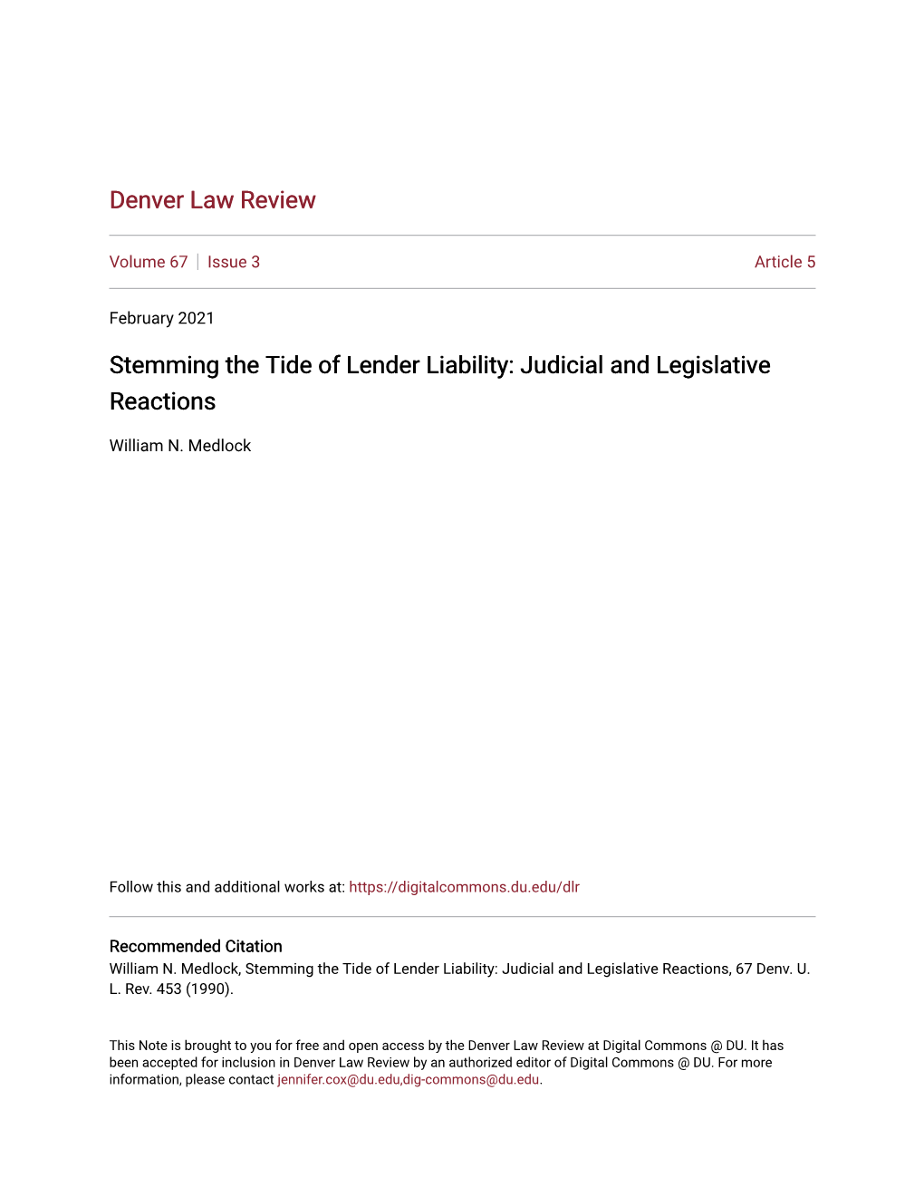 Stemming the Tide of Lender Liability: Judicial and Legislative Reactions