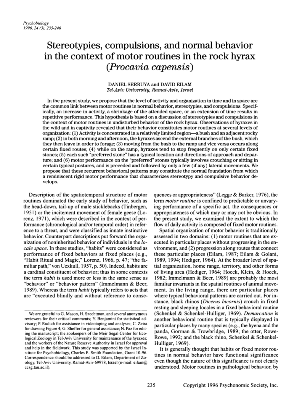 Stereotypies, Compulsions, and Normal Behavior in the Context of Motor Routines in the Rock Hyrax (Pro Cavia Capensis)