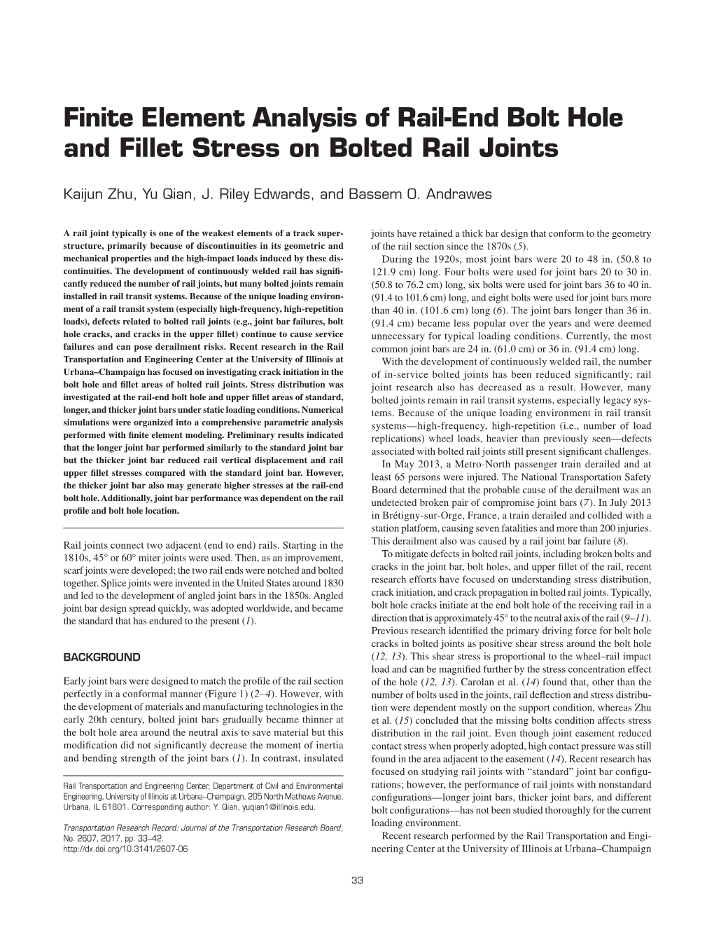 Finite Element Analysis of Rail-End Bolt Hole and Fillet Stress on Bolted Rail Joints