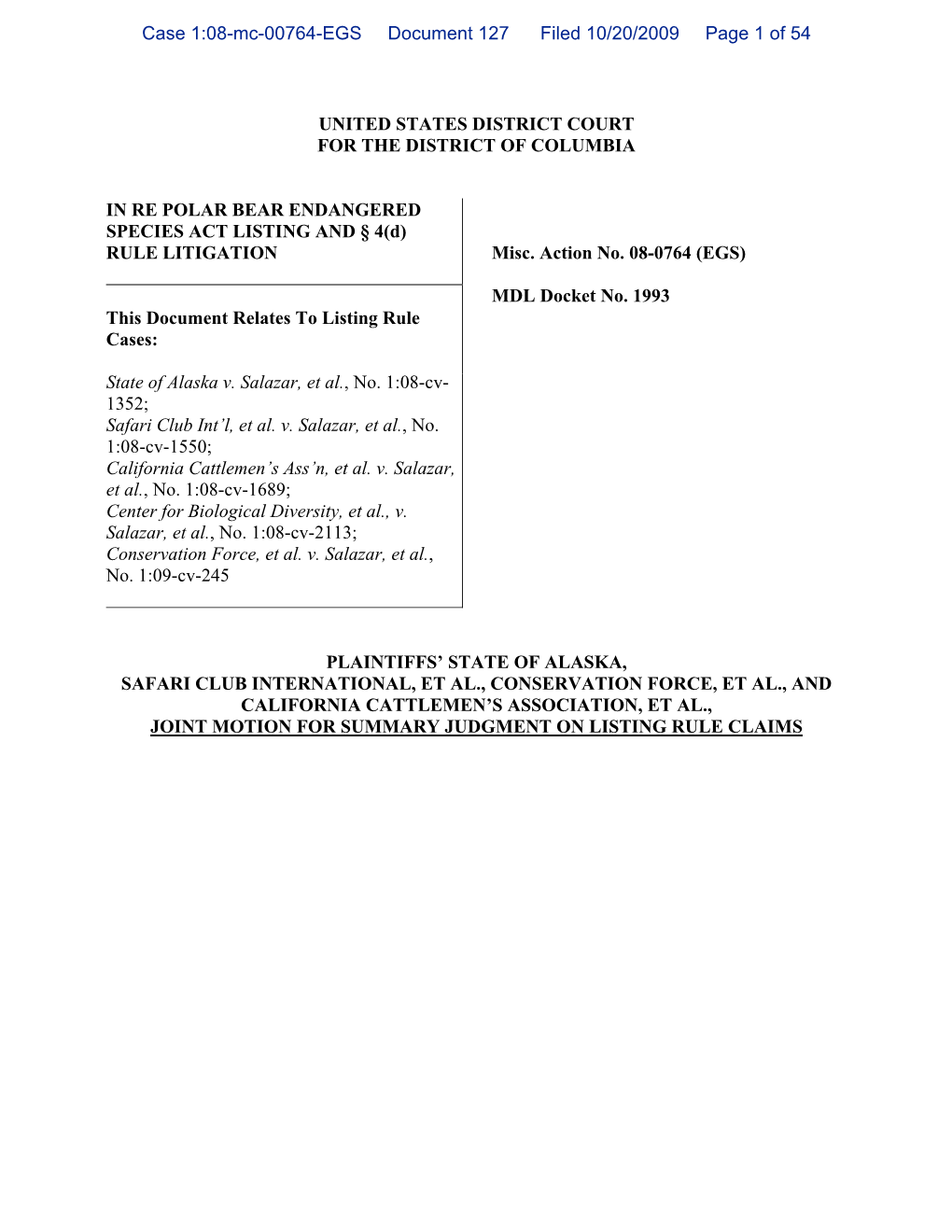 IN RE POLAR BEAR ENDANGERED SPECIES ACT LISTING and § 4(D) RULE LITIGATION Misc