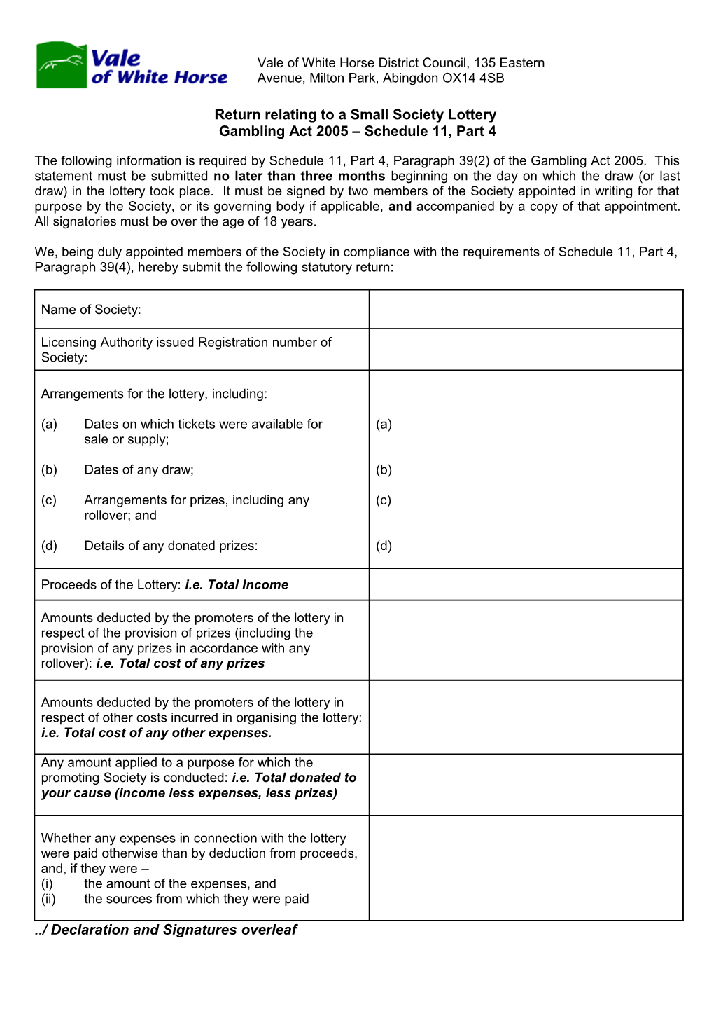 Return Relating to a Small Society Lottery