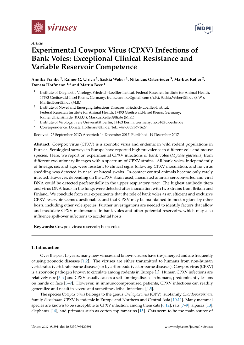 Experimental Cowpox Virus (CPXV) Infections of Bank Voles: Exceptional Clinical Resistance and Variable Reservoir Competence