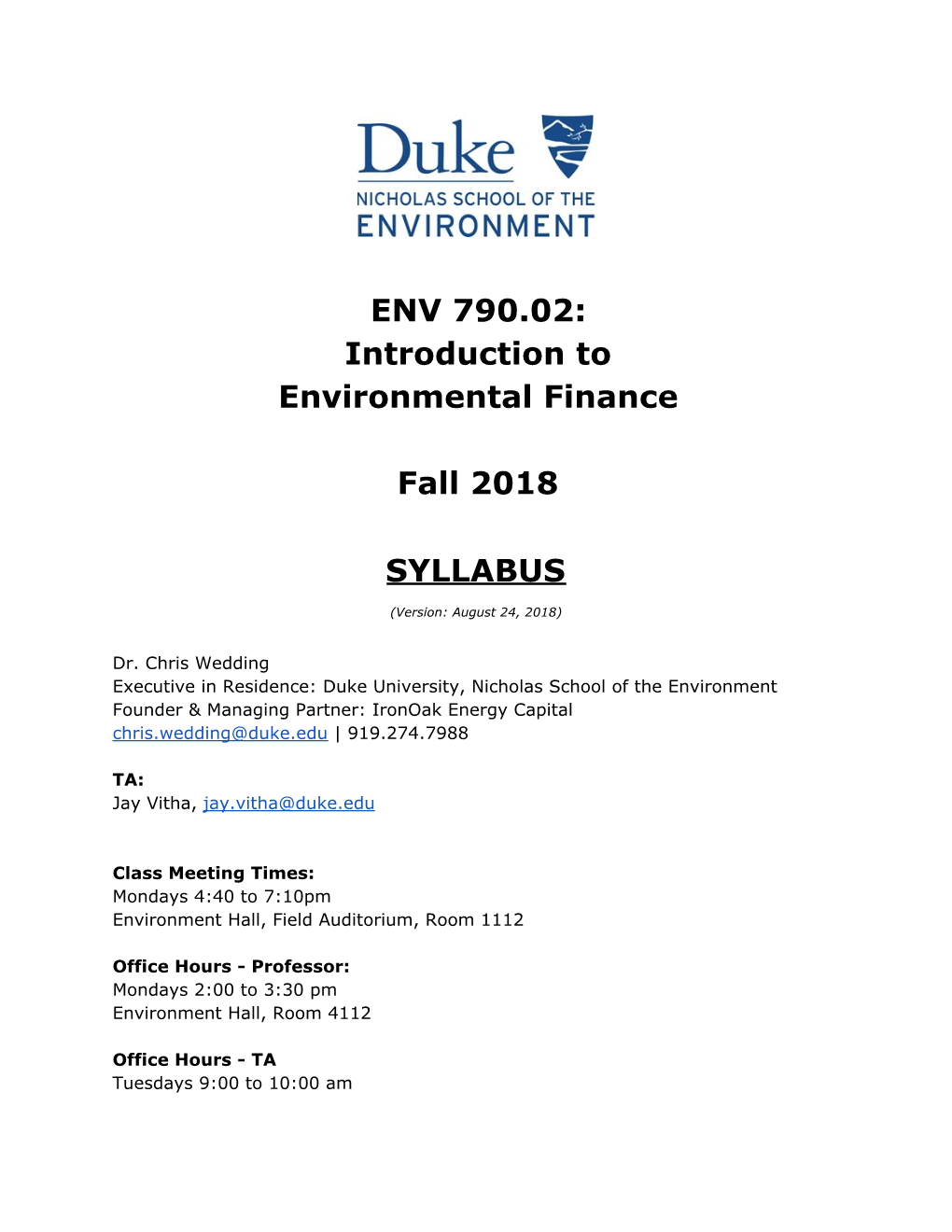 Introduction to Environmental Finance Fall 2018 SYLLABUS