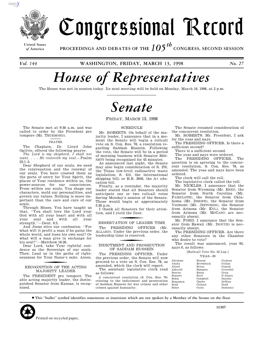 Congressional Record United States Th of America PROCEEDINGS and DEBATES of the 105 CONGRESS, SECOND SESSION