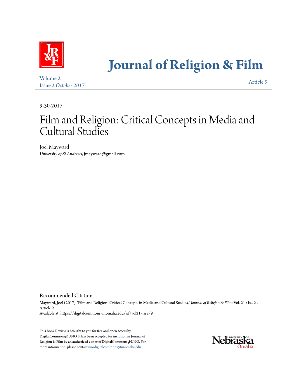 Film and Religion: Critical Concepts in Media and Cultural Studies Joel Mayward University of St Andrews, Jmayward@Gmail.Com