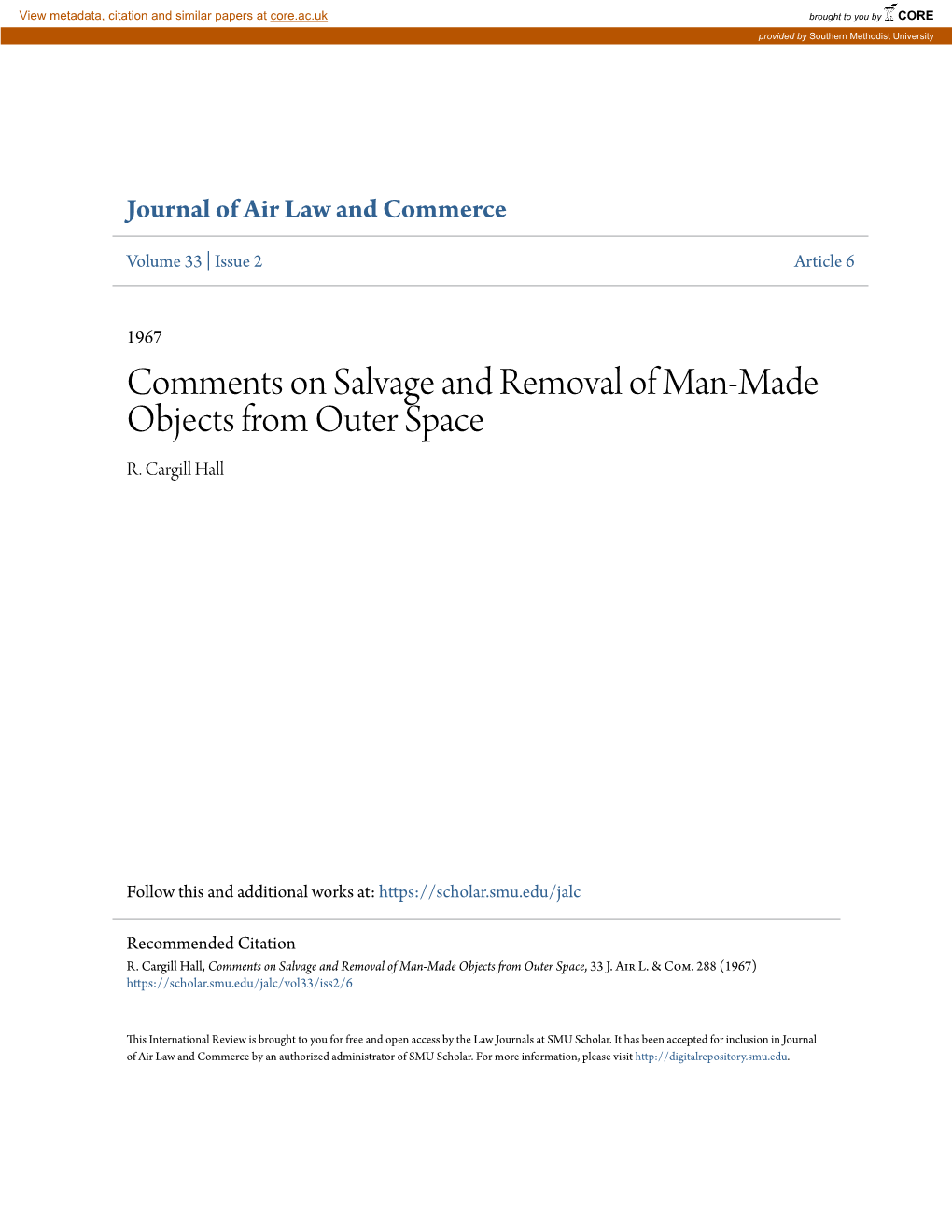 Comments on Salvage and Removal of Man-Made Objects from Outer Space R