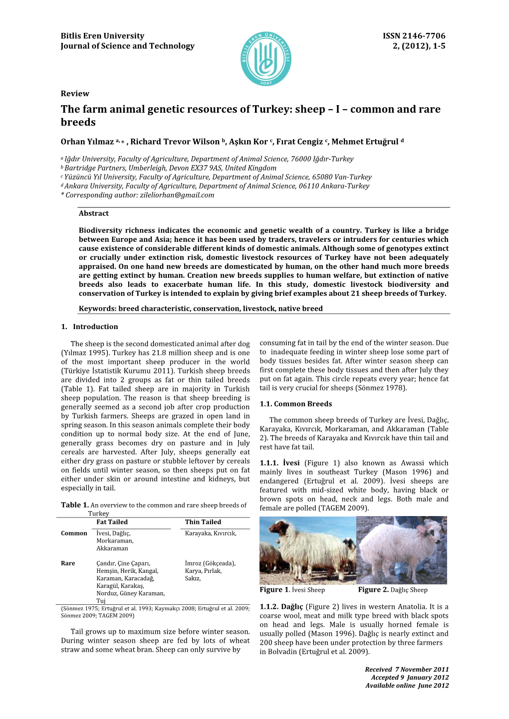 The Farm Animal Genetic Resources of Turkey: Sheep – I – Common and Rare Breeds