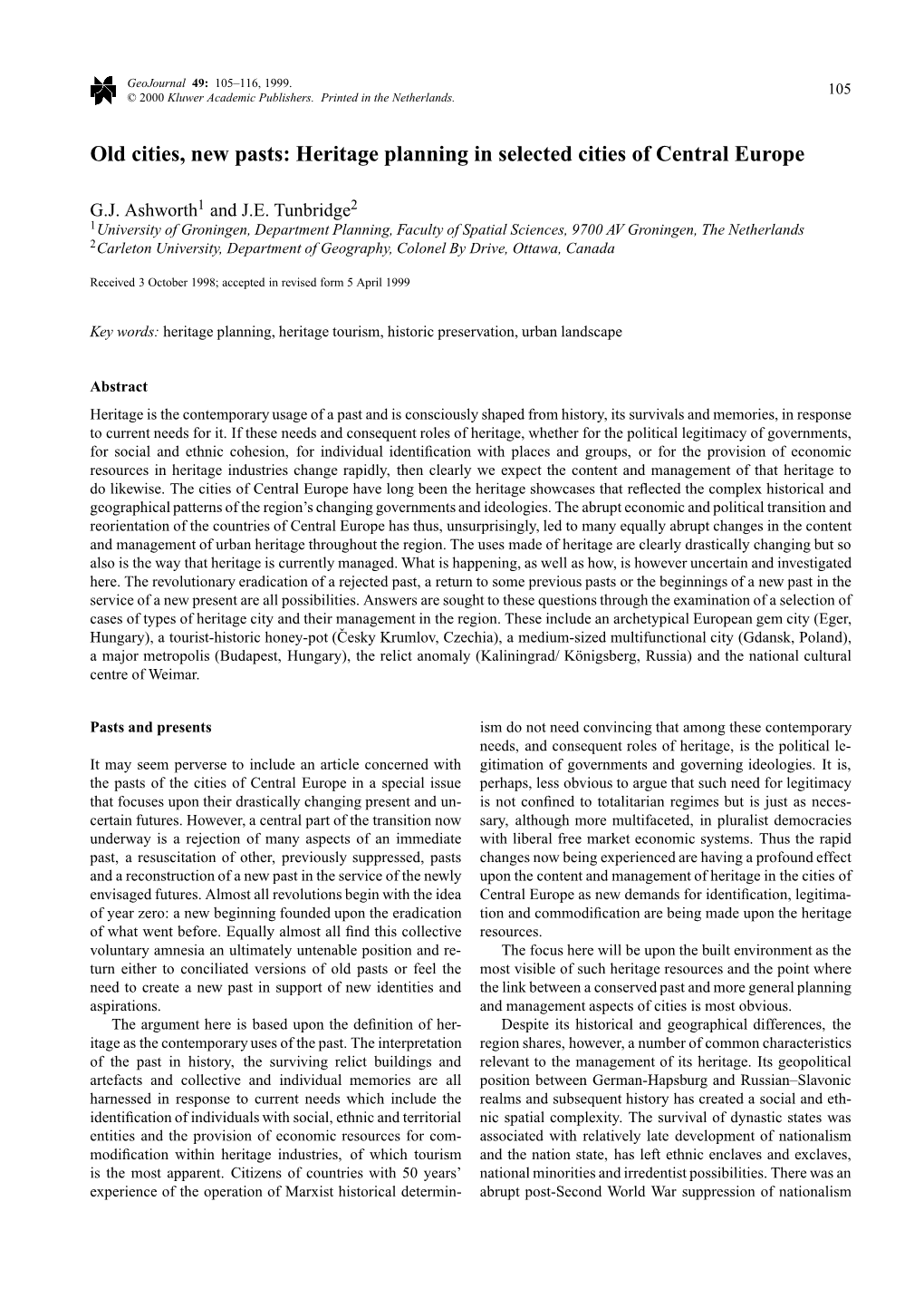 Heritage Planning in Selected Cities of Central Europe