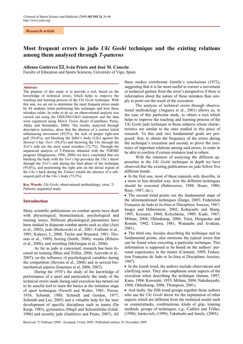 Most Frequent Errors in Judo Uki Goshi Technique and the Existing Relations Among Them Analysed Through T-Patterns