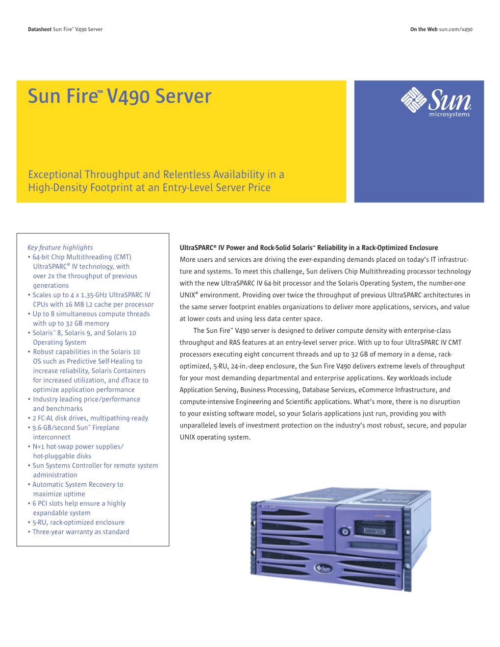 Sun Fire™ V490 Server on the Web Sun.Com/V490