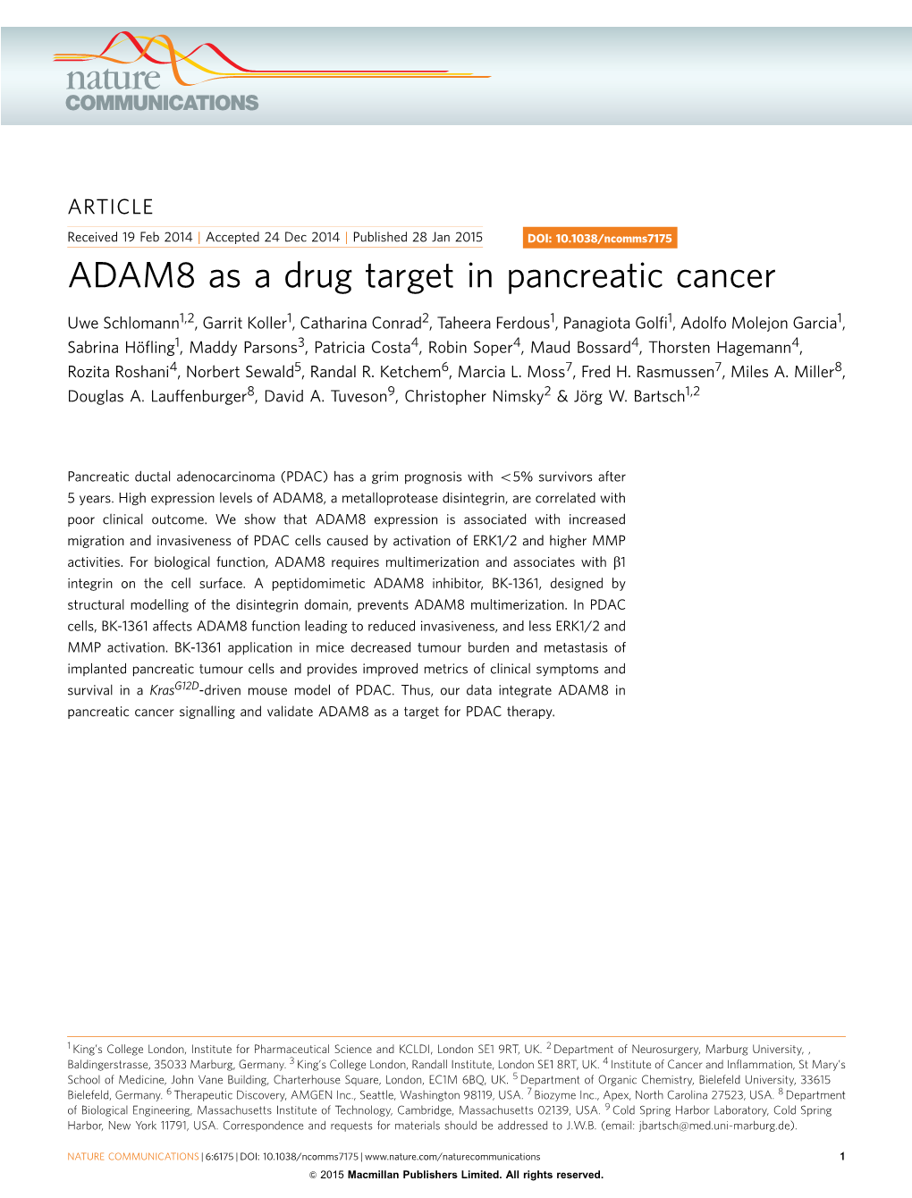 ADAM8 As a Drug Target in Pancreatic Cancer