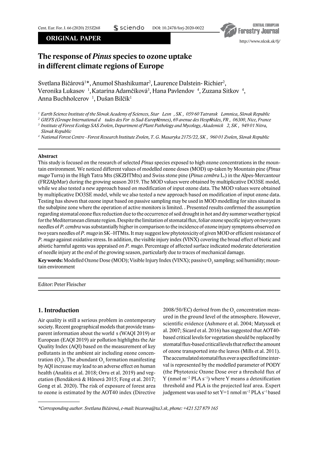 The Response of Pinus Species to Ozone Uptake in Different Climate Regions of Europe